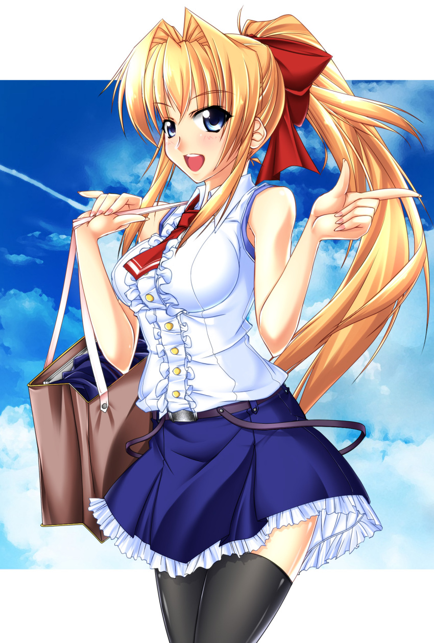bag bare_shoulders belt black_legwear blonde_hair blue_eyes breasts buttons cloud highres large_breasts looking_at_viewer merufena nail_polish necktie open_mouth original ponytail skirt sky smile solo standing thigh-highs thighhighs zettai_ryouiki