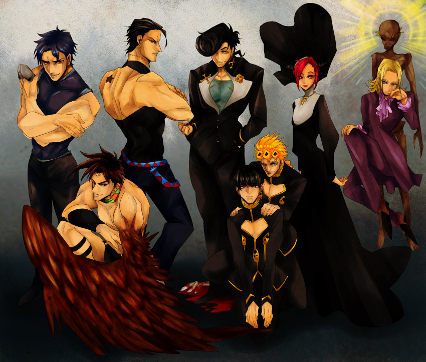 1girl 6+boys birthmark black_hair blonde_hair blood blue_eyes blue_hair brown_eyes brown_hair cars_(jojo) cars_(jojo)_(cosplay) corpse cross cross_necklace dark_persona dio_brando dio_brando_(cosplay) dual_persona family gakuran giorno_giovanna habit higashikata_jousuke highres jesus jewelry johnny_joestar jojo_no_kimyou_na_bouken jonathan_joestar joseph_joestar_(young) kuujou_jolyne kuujou_joutarou multiple_boys nancy1209 necklace nun pink_hair red_eyes scar scarf school_uniform severed_hand shirtless star steel_ball_run stone_mask_(jojo) violet_eyes wings