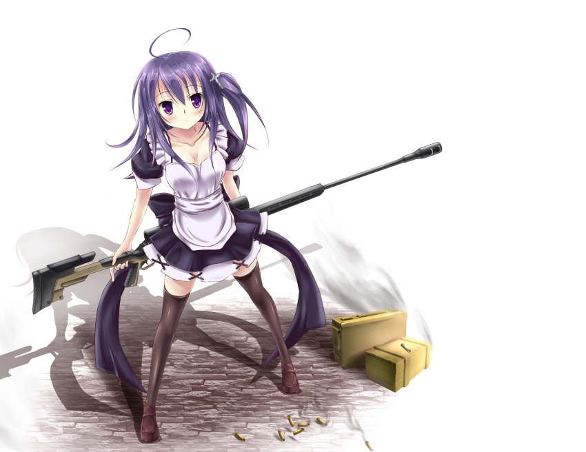 ammo_box apron dress gun long_hair maid murasaki_shitsu original purple_eyes purple_hair shell_casings sniper_rifle violet_eyes weapon zettai_ryouiki