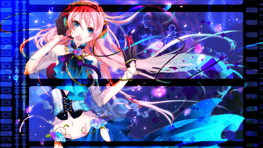 blue_eyes chikashige flower hand_on_headphones headphones headset highres jewelry long_hair megurine_luka navel necklace open_mouth pink_hair rose singing solo vocaloid
