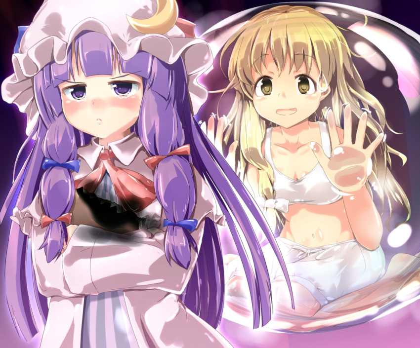 blonde_hair bloomers blush book_hug bra braid bubble crescent dress hair_ribbon hat in_container kirisame_marisa lingerie long_hair multiple_girls naka open_mouth patchouli_knowledge pink_dress purple_eyes purple_hair ribbon sitting striped striped_dress sweatdrop tears touhou underwear underwear_only violet_eyes white_bra yellow_eyes