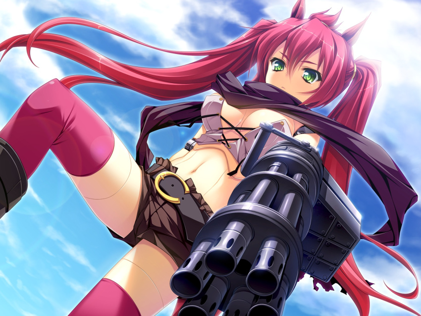 android belt cloud dutch_angle from_below game_cg green_eyes gun highres lens_flare long_hair looking_down midriff mio_(otomimi_infinity) navel no_bra otomimi_infinity pink_legwear red_hair scarf short_shorts shorts sky solo thighhighs twintails weapon