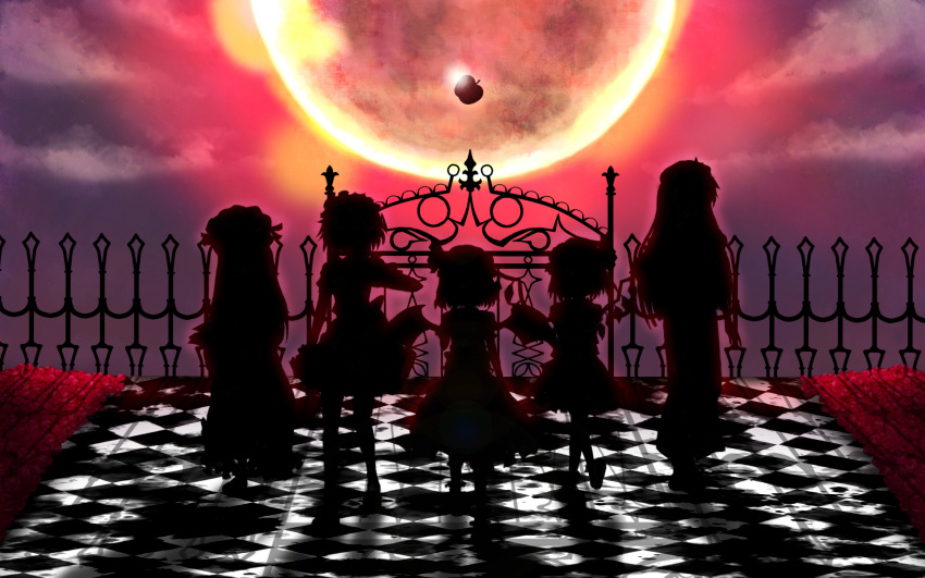 apple bad_apple!! checkered checkered_floor daffobird flandre_scarlet food fruit full_moon highres hong_meiling izayoi_sakuya moon multiple_girls patchouli_knowledge red_moon remilia_scarlet silhouette touhou