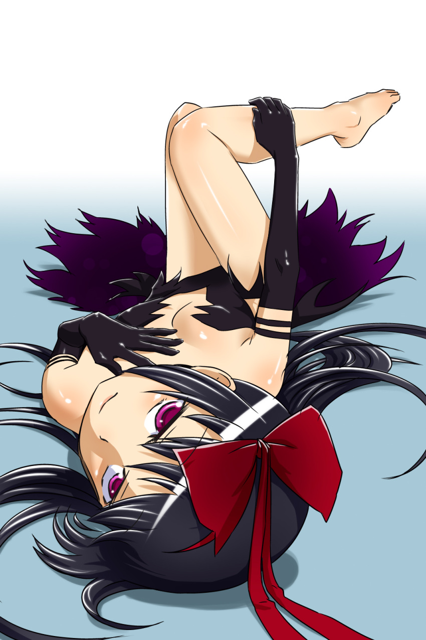1girl akemi_homura akuma_homura bare_shoulders barefoot black_hair blue_background bow breasts cleavage dress elbow_gloves gloves gradient gradient_background hair_bow hand_on_own_chest highres leg_hold long_hair looking_at_viewer lying mahou_shoujo_madoka_magica mahou_shoujo_madoka_magica_movie on_back sat-c shiny shiny_hair smile solo spoilers upside-down violet_eyes