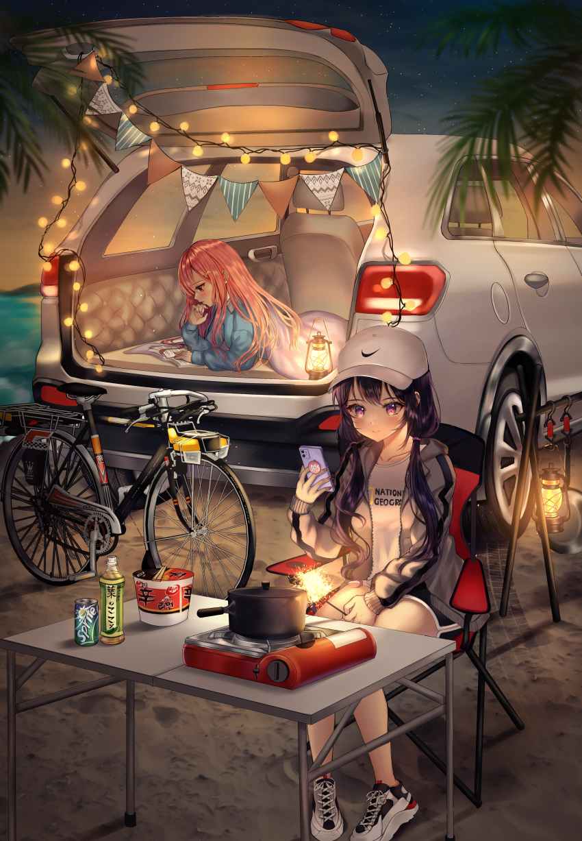 2girls absurdres aina_156cm bangs baseball_cap beach bicycle black_hair black_shorts blanket blue_shirt book brown_hair bunting camping camping_chair can car cellphone chair closed_mouth fireworks folding_table grey_jacket ground_vehicle hair_ornament hat highres holding holding_phone holding_sparkler huge_filesize instant_ramen jacket juice lantern long_hair long_sleeves medium_hair motor_vehicle mountainous_horizon multiple_girls nail_polish night ocean original outdoors palm_tree phone portable_stove pot reading red_eyes shirt shoes shorts sitting smartphone smile sneakers soda_can sparkler star_(sky) string_lights table thighs tree twintails violet_eyes white_footwear white_headwear white_shirt x_hair_ornament
