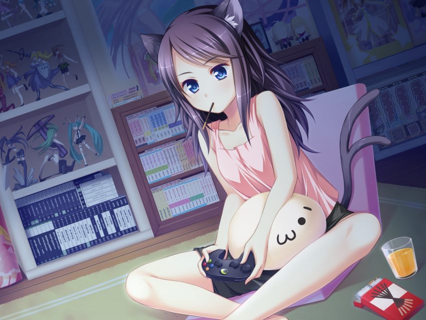 animal_ears bare_shoulders blue_eyes blush book bookshelf cat_ears cat_tail catgirl collection controller figure food food_in_mouth furniture game_cg game_controller glass highres joystick juice long_hair manga_(object) night otaku_room otomimi_infinity playing pocky poster purple_hair shorts sitting solo suzune_mayoi tail