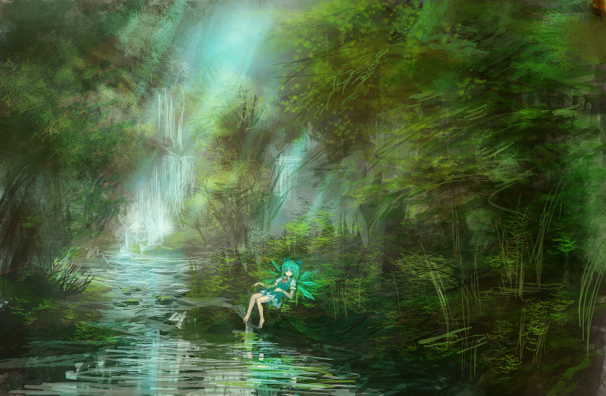 bare_legs barefoot blue_hair bow cirno forest hair_bow highres lm7_(op-center) nature op-center river scenery short_hair sitting solo touhou water