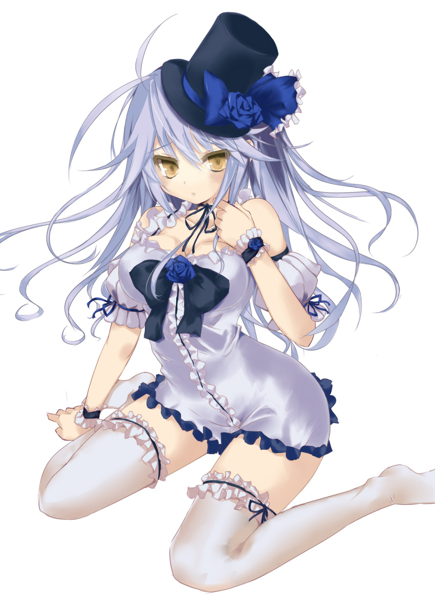 1girl blue_hair blue_rose blush bow breasts dress flower frills garters hat highres long_hair looking_at_viewer minchi_(lordofthemince) original ribbon_choker rose simple_background sitting solo thigh-highs thighhighs top_hat wariza white_legs white_legwear white_thighhighs wrist_cuffs yellow_eyes