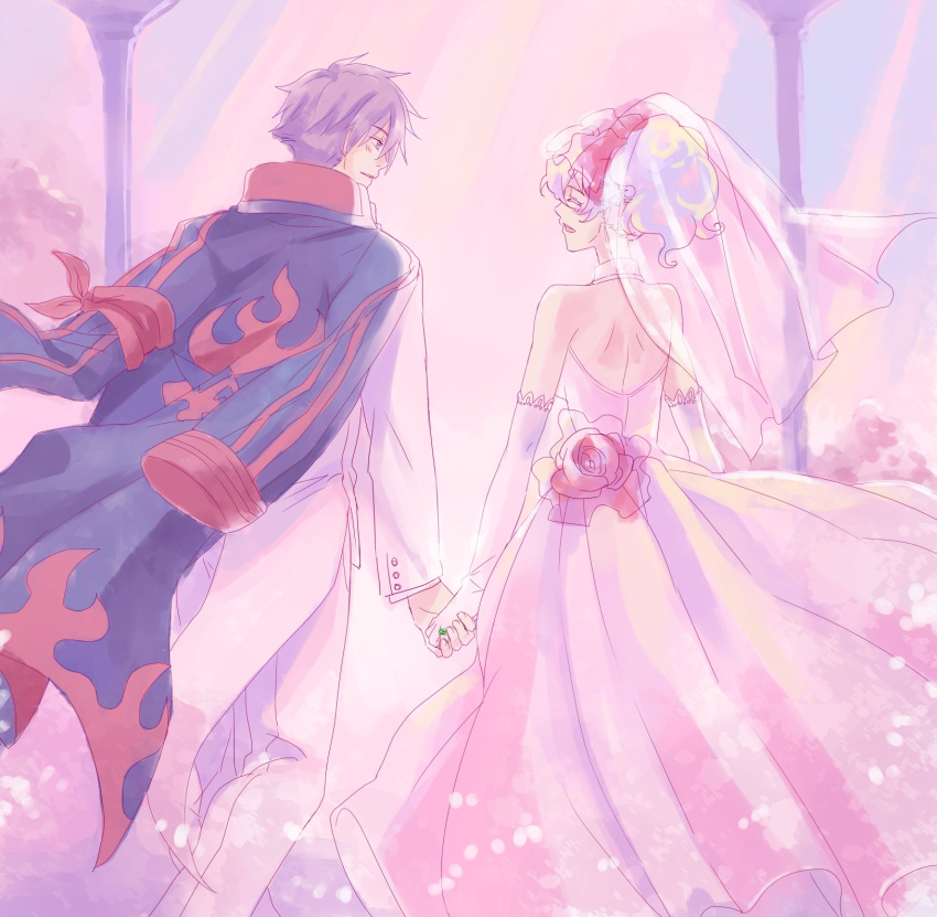 1girl couple dress elbow_gloves gloves hand_holding highres hisui_(paingumi) holding_hands husband_and_wife jewelry nia_teppelin overcoat ring simon tengen_toppa_gurren_lagann veil wedding wedding_dress