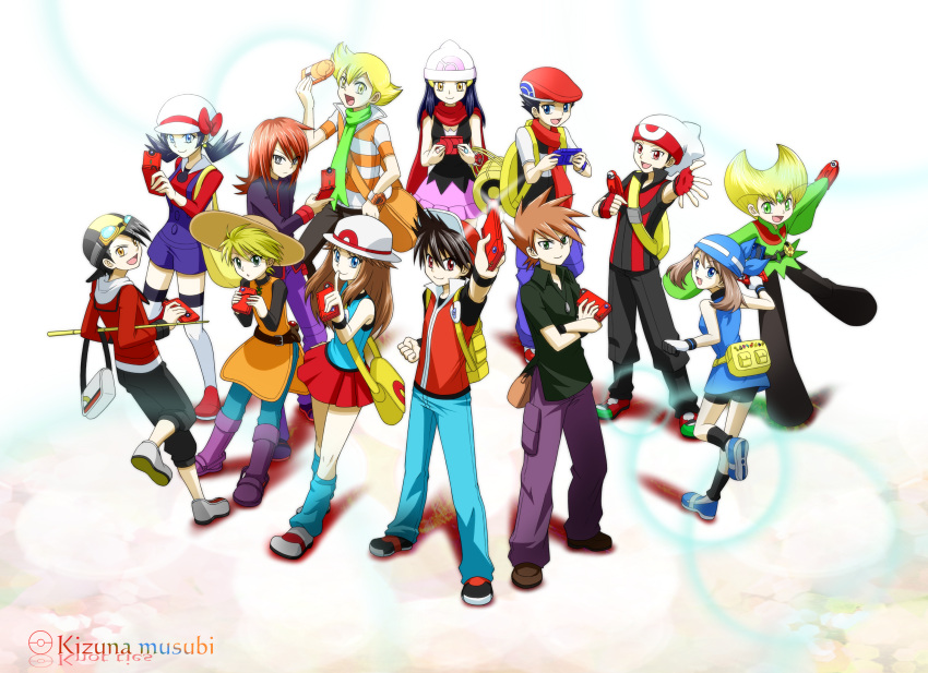 6+boys alternate_costume androgynous badge balance_badge bandana blond blonde_hair blue_(pokemon) blue_eyes brown_hair cosplay crystal_(pokemon) cue_stick diamond_(pokemon) dress dynamo_badge earrings emerald_(pokemon) everyone fangs feather_badge fingerless_gloves gloves gold_(pokemon) gym_leader_badge hat heart heat_badge highres holding jewelry kinomiz kizuna_musubi knuckle_badge kotone_(pokemon) kotone_(pokemon)_(cosplay) long_hair mind_badge multiple_boys multiple_girls odamaki_sapphire ookido_green pearl_(pokemon) platinum_berlitz poke_ball poke_ball_theme pokedex pokemon pokemon_(game) pokemon_diamond_and_pearl pokemon_dppt pokemon_emerald pokemon_firered_and_leafgreen pokemon_heartgold_and_soulsilver pokemon_hgss pokemon_rgby pokemon_rse pokemon_special pokemon_yellow pokenav poketch rain_badge red_(pokemon) red_eyes red_hair reverse_trap ruby_(pokemon) scarf silver_(pokemon) simple_background star star_earrings stone_badge straw_hat tomboy vs_seeker waist_poke_ball watch wristwatch yellow_(pokemon) yellow_dress