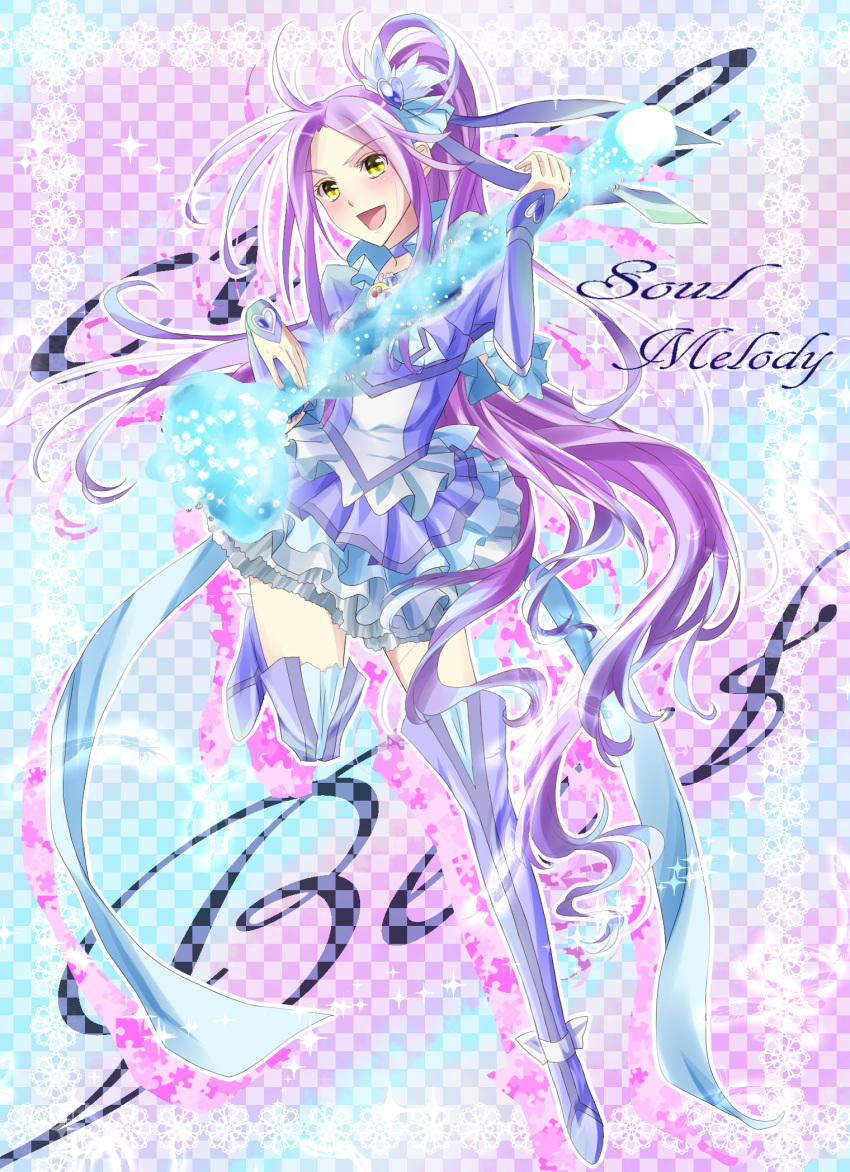 :d ahoge bad_id bangs blue_legwear boots brooch checkered checkered_background cure_beat dress frills gathers gloves hair_ornament hair_ribbon hairpin happy heart highres jewelry kurokawa_ellen kurose_nao long_hair love_guitar_rod magic magical_girl open_mouth parted_bangs ponytail precure purple_background purple_hair ribbon ruffles siren_(suite_precure) smile solo standing_on_one_leg suite_precure thigh-highs thigh_boots thighhighs very_long_hair yellow_eyes
