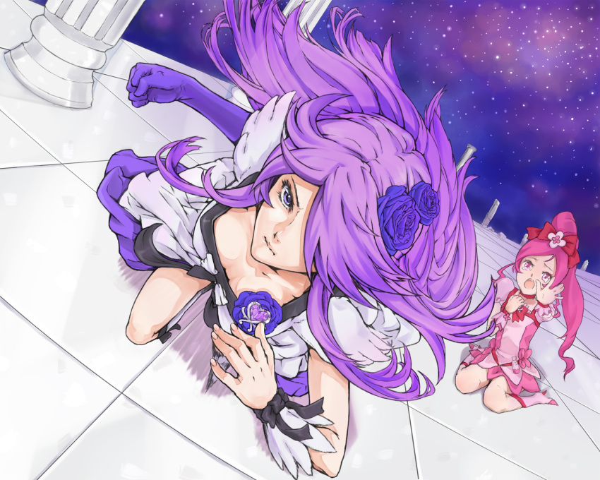 :o bow brooch cure_blossom cure_moonlight down_blouse dress dutch_angle flower gloves hair_over_one_eye hanasaki_tsubomi heartcatch_precure! highres jewelry kneeling long_hair magical_girl multiple_girls open_mouth pillar pink_eyes pink_hair ponytail precure purple_eyes purple_hair purple_rose ribbon rose running serious single_elbow_glove single_glove sitting space tsukikage_yuri violet_eyes wariza wrist_cuffs yamaishi108