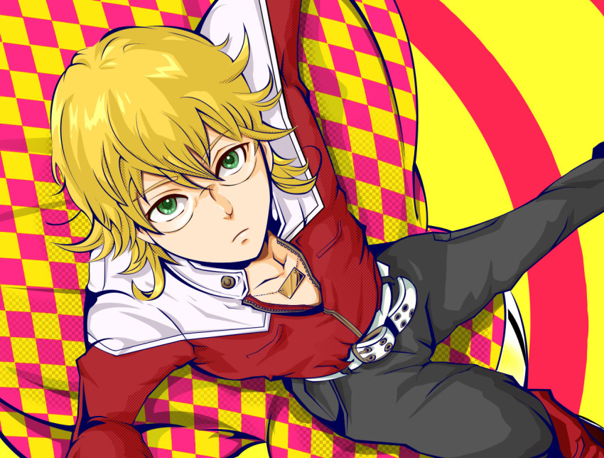 bad_id barnaby_brooks_jr belt blonde_hair boots checkered checkered_background glasses green_eyes jacket jewelry male necklace red_jacket solo studded_belt tiger_&amp;_bunny yukimofu