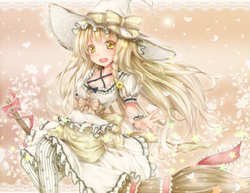 adapted_costume alternate_color bad_id blonde_hair bow braid broom collarbone dabadhi embellished_costume flower frills hat hat_bow highres kirisame_marisa long_hair open_mouth ruffles solo star star_print striped striped_legwear touhou vertical-striped_legwear vertical_stripes wallpaper witch witch_hat wrist_cuffs yellow_eyes