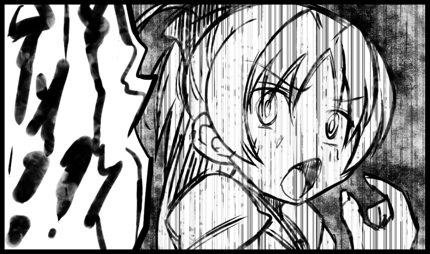 comic downtown_no_gaki_no_tsukai_ya_arahende!! embarrassed hair_bow long_hair mahou_shoujo_madoka_magica monochrome open_mouth ponytail sakura_kyouko surprised translation_request tsukumo