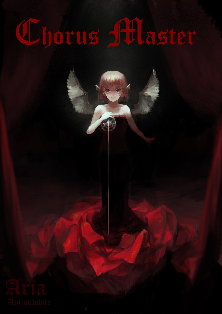 absurdres alternate_costume animal_ears antiquewhite bare_shoulders dress highres looking_at_viewer microphone mystia_lorelei no_hat no_headwear pink_hair red_dress red_eyes short_hair smile solo touhou wings