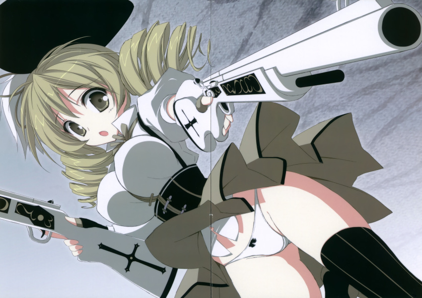 absurdres aiming black_legwear blonde_hair breasts corset drill_hair dutch_angle from_below gun hat highres magical_girl magical_musket mahou_shoujo_madoka_magica panties pantyshot rifle solo source_request suzuri thigh-highs thighhighs tomoe_mami twin_drills twintails underwear upskirt vertical-striped_legwear vertical_stripes weapon white_panties