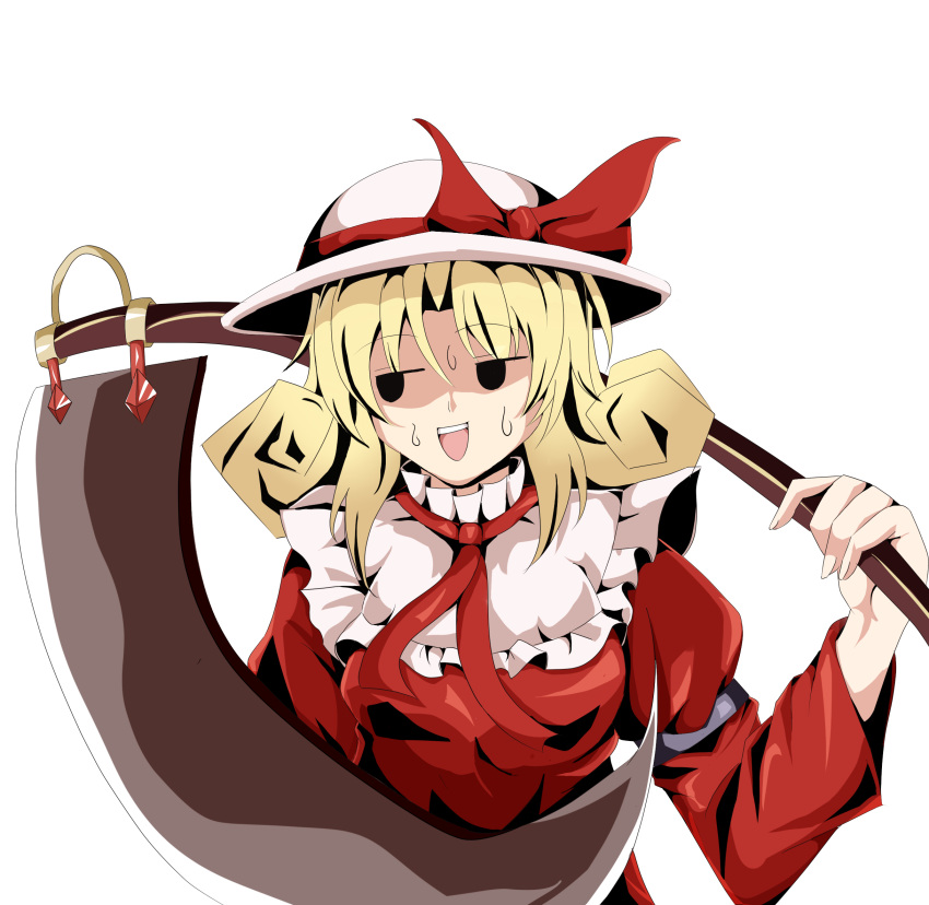 blonde_hair elly hat hat_ribbon highres jitome open_mouth over_shoulder ribbon scythe shino_(moment) simple_background solo sweatdrop teeth touhou touhou_(pc-98) weapon weapon_over_shoulder