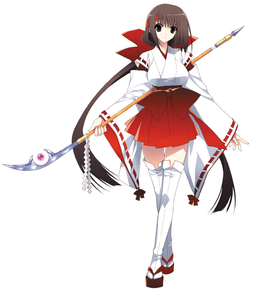 brown_hair character_request highres japanese_clothes kumon_waka legs long_hair looking_at_viewer miko naginata open_mouth phantom_breaker polearm sandals simple_background solo spear standing suzuhira_hiro thigh-highs thighhighs thighs very_long_hair waka_(phantom_breaker) weapon white_legwear