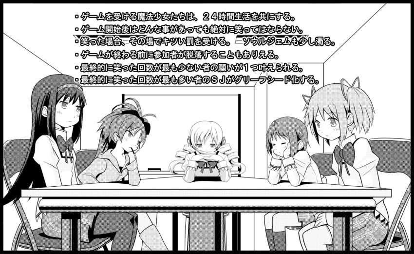 akemi_homura bow comic downtown_no_gaki_no_tsukai_ya_arahende!! drill_hair gendo_pose gendou_pose hair_bow hair_ribbon hairband hands_clasped kaname_madoka long_hair mahou_shoujo_madoka_magica miki_sayaka monochrome multiple_girls ponytail ribbon sakura_kyouko school_uniform short_hair short_twintails sitting tomoe_mami translated translation_request tsukumo twin_drills twintails