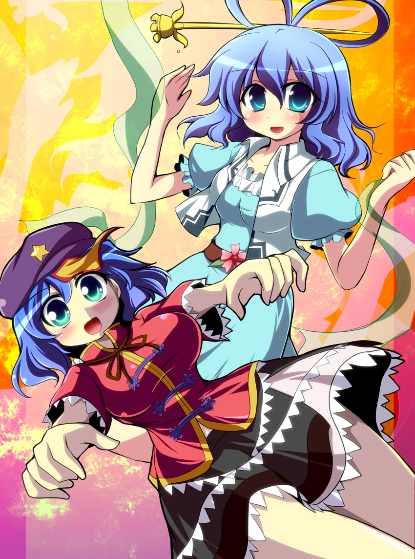 aqua_eyes arms_up blue_eyes blue_hair breasts chinese_clothes dress flower geogeo hair_ornament hair_rings hair_stick hat highres jiangshi kaku_seiga large_breasts miyako_yoshika multiple_girls ofuda open_mouth outstretched_arms shawl short_hair skirt smile star touhou vest zombie_pose