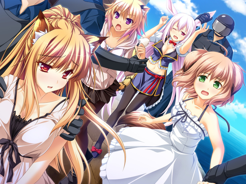 animal_ears blonde_hair blush breasts brown_hair bunny_ears bunny_girl bunnygirl byoubu_tetora cat_ears cat_tail cleavage dog_ears doggirl dress fang fox_ears foxgirl frills game_cg gradient_hair green_eyes highres koya_chachako kusahara_hanemi large_breasts long_hair miyama_kon mole no_bra otomimi_infinity pink_eyes pink_hair purple_eyes ribbon ribbons scared sky tail tears violet_eyes water wrist_grab