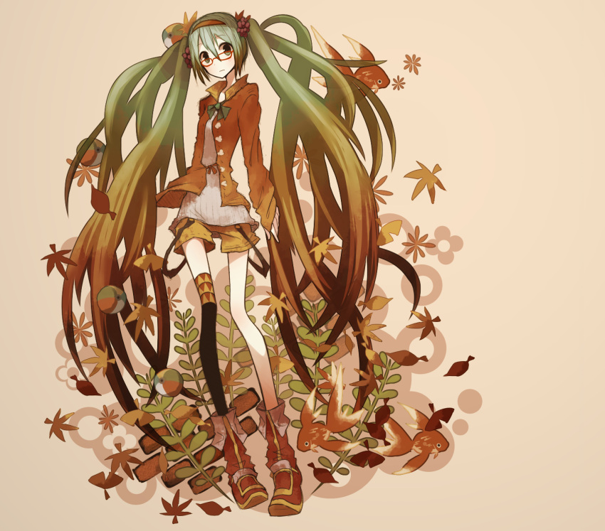 bad_id bespectacled fish glasses green_eyes green_hair hatsune_miku highres long_hair nasamuto single_thighhigh solo thighhighs twintails very_long_hair vocaloid