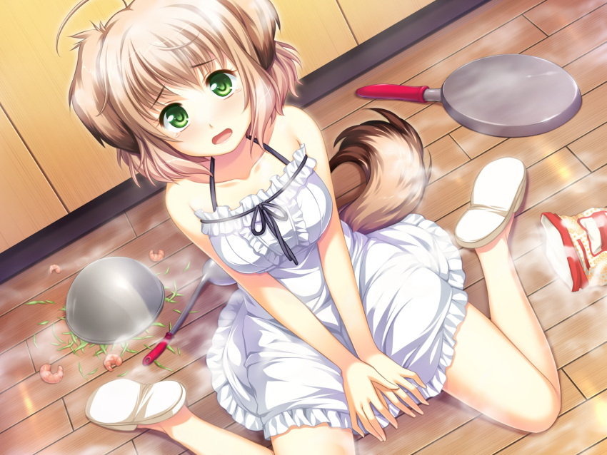 animal_ears blush breasts brown_hair dog_ears doggirl dress food game_cg gradient_hair green_eyes highres koya_chachako looking_at_viewer otomimi_infinity ribbon ribbons solo steam tail tears