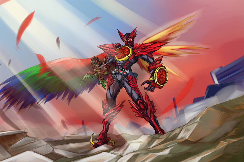 asymmetrical_wings belt claws feathers highres kamen_rider kamen_rider_ooo kamen_rider_ooo_(series) o_medal ruins shoka solo sunlight taja_spinner tajador_(ooo_combo) wings