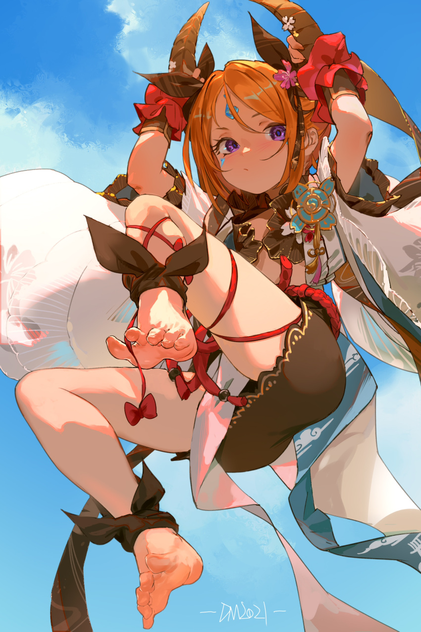 1girl absurdres arms_up bangs bare_legs barefoot black_ribbon black_skirt blush clover_theater dm_(dai_miao) facial_mark feet forehead_mark from_below full_body hair_between_eyes highres horns leg_ribbon long_hair looking_at_viewer open_clothes orange_hair parted_bangs parted_lips red_ribbon ribbon short_sleeves signature skirt solo toes violet_eyes weili_(clover_theater)