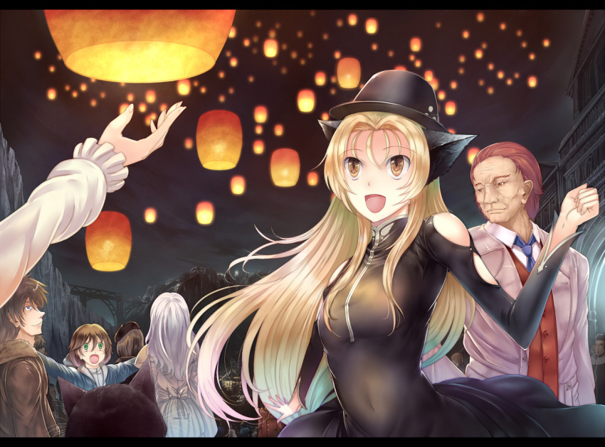 blonde_hair cat catgirl dress green_eyes group hat lantern long_hair male navel necktie night open_mouth original paper_lantern see-through short_hair sky_lantern sts very_long_hair yellow_eyes