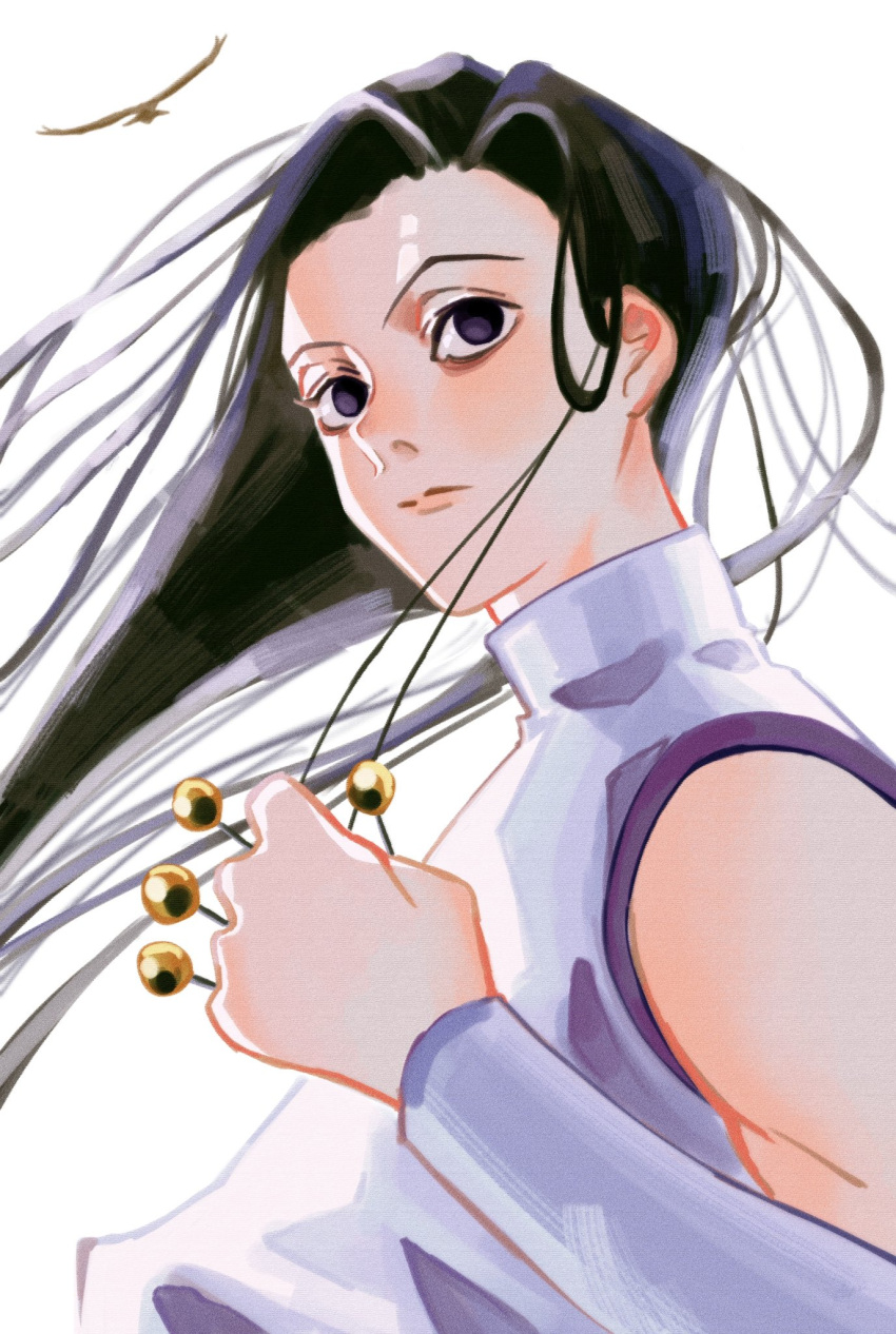 &lt;o&gt;_&lt;o&gt; 1boy bird black_eyes black_hair detached_sleeves expressionless hakulo highres holding holding_needle hunter_x_hunter illumi_zoldyck long_hair looking_at_viewer male_focus needle shirt simple_background sleeveless solo upper_body white_background white_shirt