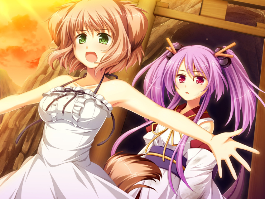 2girls animal_ears blood brown_hair doggirl dress game_cg green_eyes japanese_clothes kimono koya_chachako otomimi_infinity purple_hair red_eyes ribbons tail