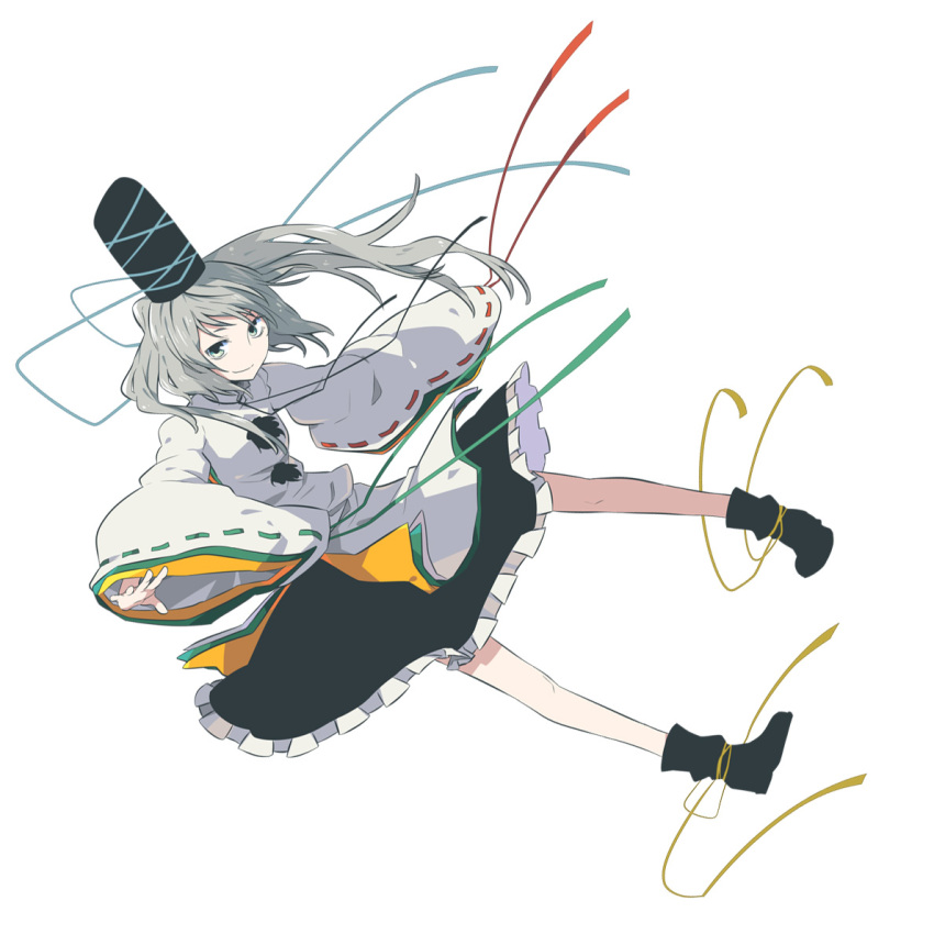 dress green_eyes grey_hair hat japanese_clothes kariginu kintaro long_hair long_sleeves mononobe_no_futo pigeon-toed pigeon_toed ribbon simple_background smile smirk solo tate_eboshi touhou white_background wide_sleeves