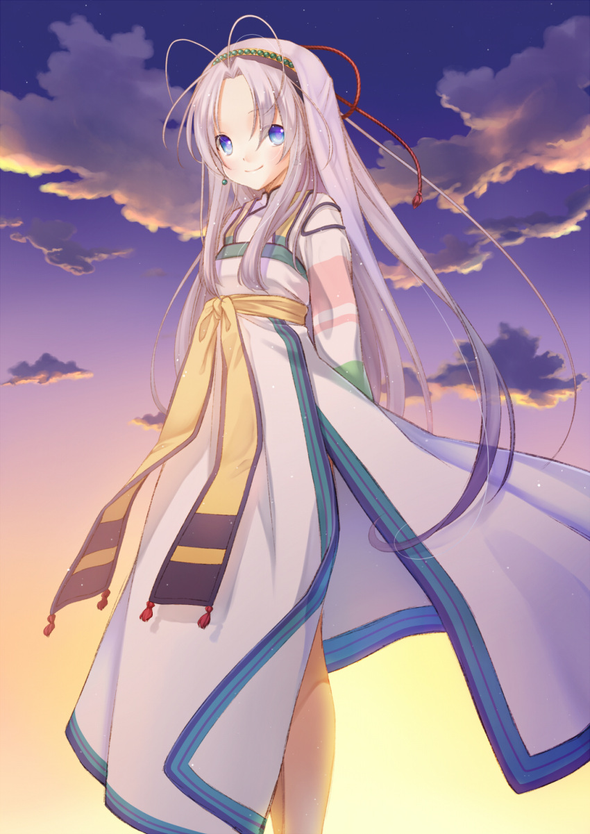 bad_id blue_eyes cloud highres japanese_clothes lavender_hair long_hair mamotte_shugogetten mamotte_shugogetten! nana_mikoto shugogetten_shaolin sky smile solo sunset