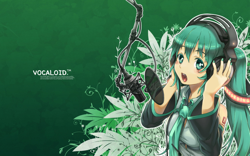 detatched_sleeves green_eyes green_hair hands_on_headphones hatsune_miku headphones looking_at_viewer microphone necktie open_mouth plants singing tagme vocaloid