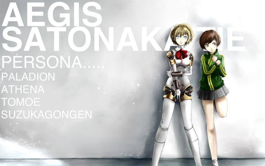 aegis android blonde_hair blue_eyes bow brown_eyes brown_hair elizax9x engrish highres jacket multiple_girls persona persona_3 persona_4 ranguage ribbon satonaka_chie skirt track_jacket