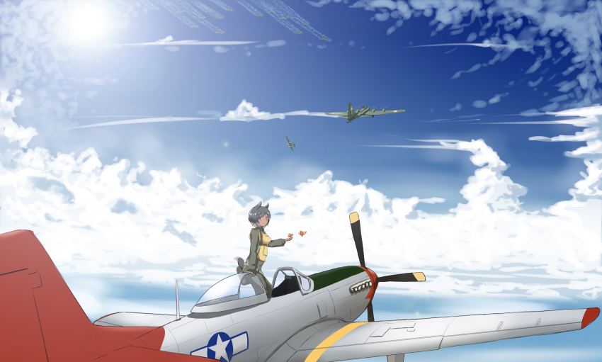 animal_ears b-17 bird cloud condensation_trail contrail dark_skin flying highres hu_sea military p-38_lightning p-51_mustang parachute sky strike_witches tail world_war_ii wwii
