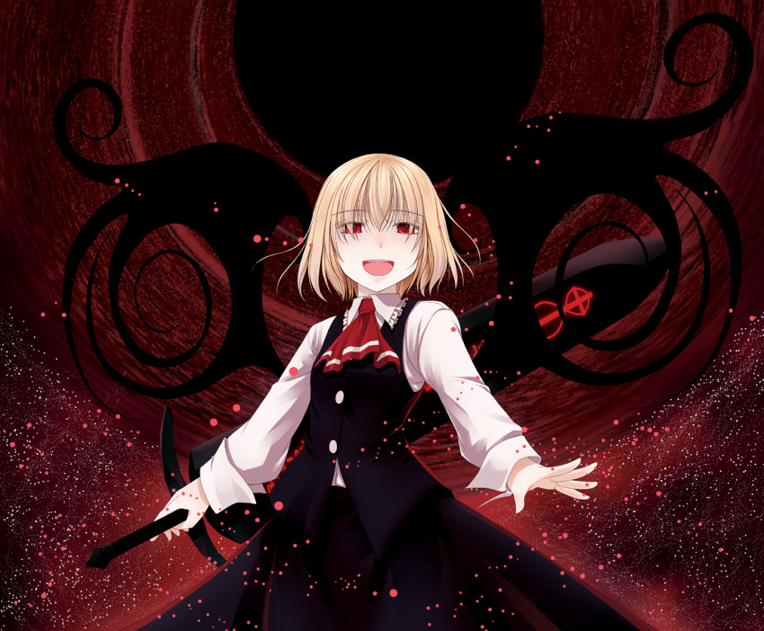 blonde_hair crote darkness ex-rumia highres huge_weapon rumia smile solo sword the_embodiment_of_scarlet_devil touhou weapon wings youkai