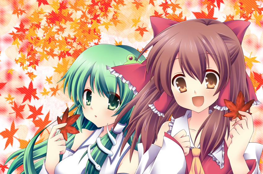 ascot bow brown_eyes brown_hair bust detached_sleeves frog green_eyes green_hair hair_bow hair_tubes hakurei_reimu highres kochiya_sanae leaf long_hair mashiro_yuki miko multiple_girls open_mouth smile snake touhou