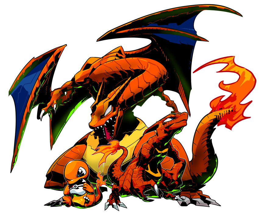 blue_eyes charizard charmander charmeleon claws dragon fang fire flame highres looking_up monster no_humans no_pupils open_mouth poke_ball pokemon pokemon_(creature) pose sido_(slipknot) simple_background sitting transparent_background wings