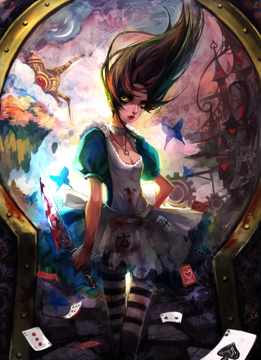 alice:_madness_returns alice_(wonderland) alice_in_wonderland american_mcgee's_alice apron black_hair blood breasts butterfly card choker cleavage dress eyeliner falling_card female green_eyes hand_on_hip highres jewelry keyhole knife lips long_hair makeup necklace pantyhose pendant puffy_sleeves solo striped striped_legwear striped_pantyhose torn_clothes vorpal_blade wind zhuxiao517