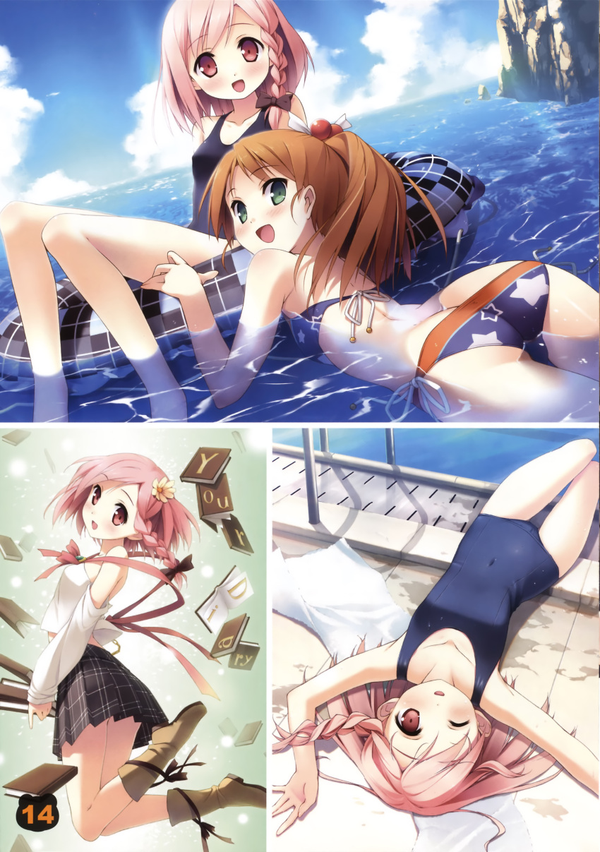 absurdres ass bare_shoulders blush book boots braid brown_hair butt_crack detached_sleeves flower green_eyes hair_bobbles hair_flower hair_ornament highres innertube kantoku looking_back lying minagawa_yuuhi on_back one-piece_swimsuit open_mouth partially_submerged pink_eyes pink_hair plaid plaid_skirt pleated_skirt ponytail pool pool_ladder poolside ribbon school_swimsuit short_hair skirt smile swimsuit towel water wink your_diary yua_(your_diary)