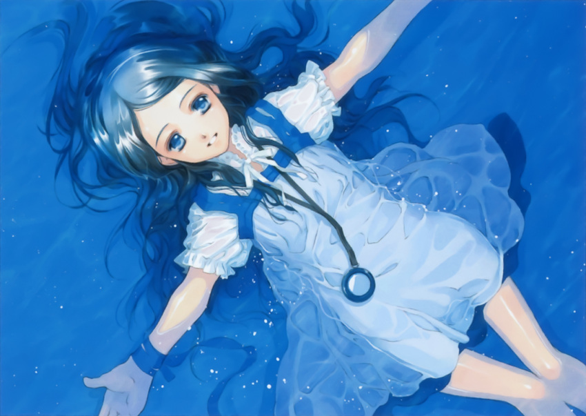 black_hair blue blue_eyes copyright_request dress from_above long_hair outstretched_arms partially_submerged ribbon shiina_yuu smile solo spread_arms submerged thigh_gap thighs very_long_hair water wet wet_clothes white_dress wrist_ribbon