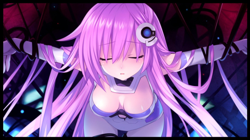 bondage breasts cable choujigen_game_neptune cleavage closed_eyes eyes_closed hair_ornament highres idea_factory long_hair nepgear official_art pink_hair purple_sister solo tsunako wire