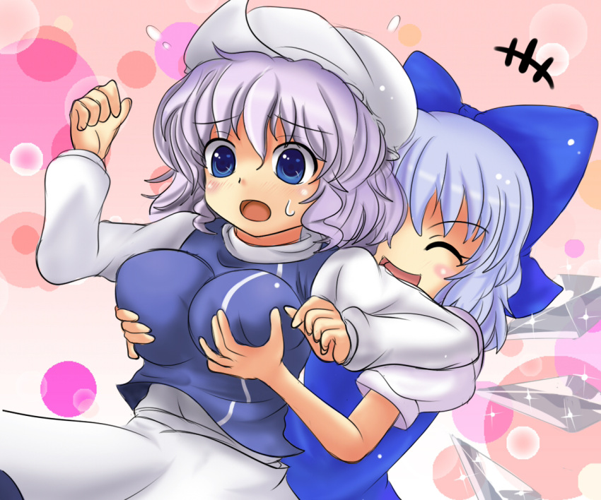 &gt;_&lt; :d :o ^_^ apron blue_eyes blue_hair blush bow breast_grab breasts bubble cirno closed_eyes dress embarrassed groping hair_bow hat ice ice_wings impossible_clothes impossible_shirt kurowana large_bow large_breasts lavender_hair leaning_back letty_whiterock long_sleeves multiple_girls nervous open_mouth pervert pink_background puffy_short_sleeves puffy_sleeves purple_hair shiny shirt short_sleeves skirt smile standing surprised sweatdrop touhou vest wings xd