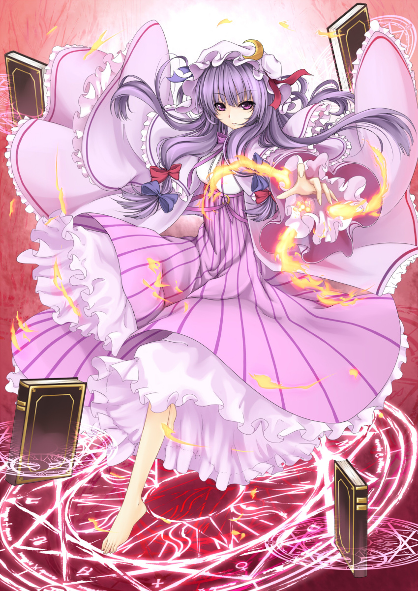 barefoot book bow crescent dress fire flame hair_bow hair_ribbon hat highres long_hair long_sleeves magic magic_circle outstretched_hand patchouli_knowledge pink_dress pink_hair purple_eyes purple_hair ribbon solo striped striped_dress touhou violet_eyes wind zzz36951