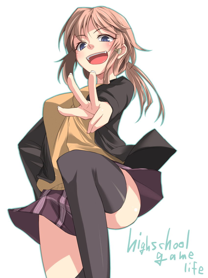 absurdres arm_up black_legwear blue_eyes breasts brown_hair english fingernails hair_ornament highres jacket leg_up looking_at_viewer open_mouth original ponytail school_uniform simple_background skirt solo sweater_vest thigh-highs thighhighs white_background xefy yamane_akira zettai_ryouiki