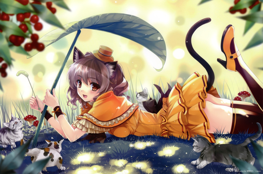 :d animal_ears ass black_legwear blush brown_eyes brown_hair cat cat_ears cat_tail cattail dress duplicate fang frilled_dress frills hat highres leaf looking_at_viewer lying misaki_kurehito mushroom on_stomach open_mouth original plant shoes smile solo tail thigh-highs thighhighs wristband