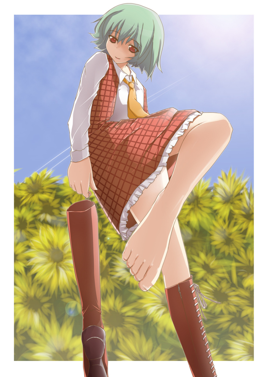 ascot bad_feet barefoot boots cross-laced_footwear dress_shirt error flower green_hair highres kazami_yuuka lace-up_boots natsume_riu necktie plaid plaid_skirt plaid_vest red_eyes shirt shoes_removed single_shoe skirt skirt_set solo sun sunflower toes touhou vest youkai